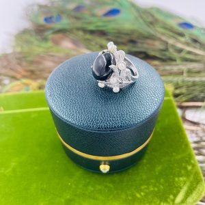 Vintage Huge Unusual Obsidian Cocktail Ring with Cultured Pearls & Crystals.